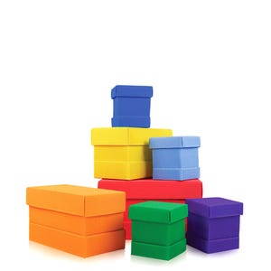 May include: A collection of colorful, stacked gift boxes in various sizes and hues, including orange, yellow, red, green, blue, and purple. The boxes are arranged in a visually appealing pyramid shape against a white background.