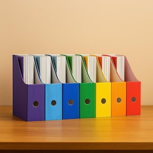 May include: A rainbow-colored desk organizer with seven compartments, each holding a stack of white-paged notebooks. The organizer is made of plastic and sits on a wooden surface. The colors include purple, blue, green, yellow, orange, and red.