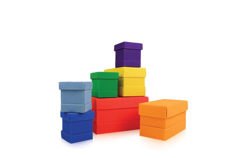 May include: A collection of colorful, corrugated cardboard boxes in various sizes and shapes. The boxes are stacked, with colors including blue, green, yellow, red, orange, and purple. The boxes are on a white background.