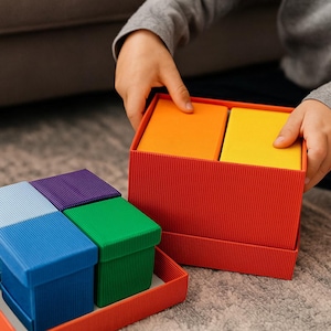 May include: A set of colorful, corrugated cardboard boxes in red, orange, yellow, green, blue, and purple. The boxes are being handled by a person. The boxes are square and have a ribbed texture. The boxes are likely for storage or organization.