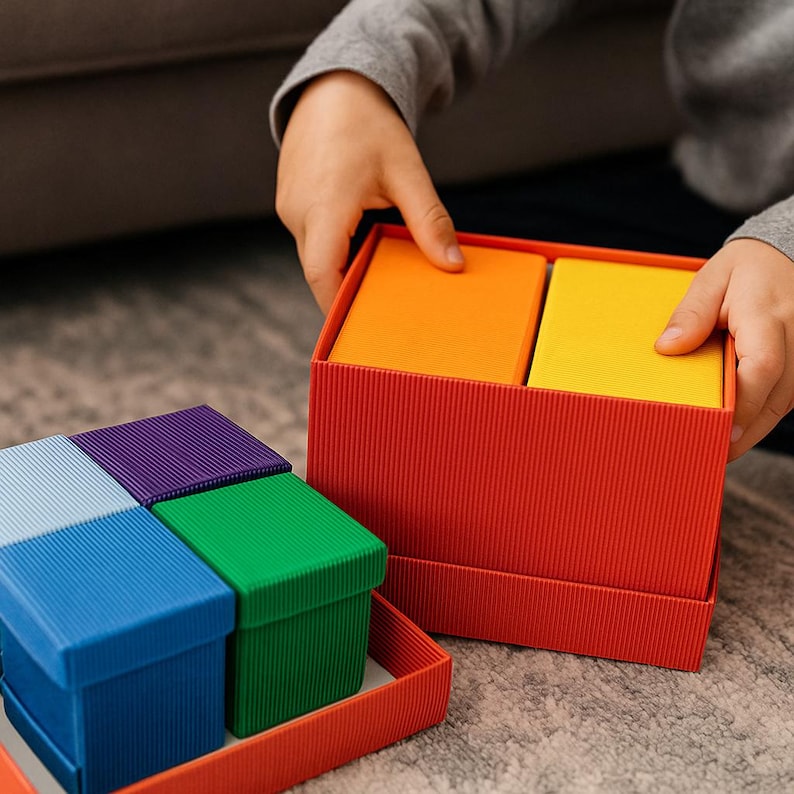 May include: A set of colorful, corrugated cardboard boxes in red, orange, yellow, green, blue, and purple. The boxes are being handled by a person. The boxes are square and have a ribbed texture. The boxes are likely for storage or organization.