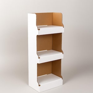 Collapsible Cardboard Storage Rack – 3-Tier Display Shelf, Wood-Free, Flat-Pack, Tool-Free Assembly, Kraft or White