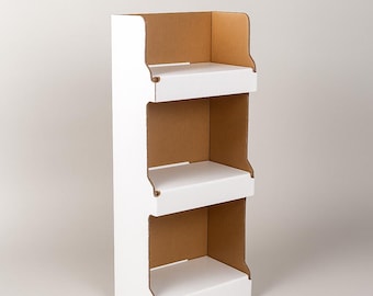 Collapsible Cardboard Storage Rack – 3-Tier Display Shelf, Wood-Free, Flat-Pack, Tool-Free Assembly, Kraft or White