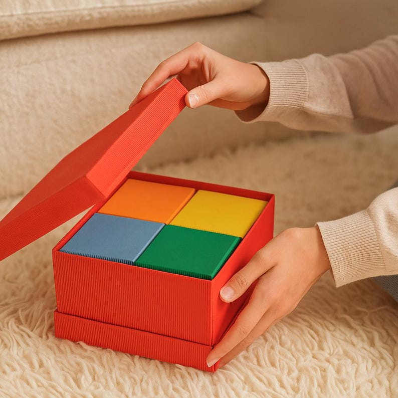 May include: A red gift box with a textured exterior is being opened to reveal four colorful squares: orange, yellow, blue, and green. The box is held by a person, and the background is a soft, neutral color.