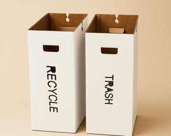 Portable Cardboard Trash & Recycling Bins 2 pk, 13 Gallon 23" Tall – Collapsible Reusable White Corrugated – 1x recycling and 1x trash