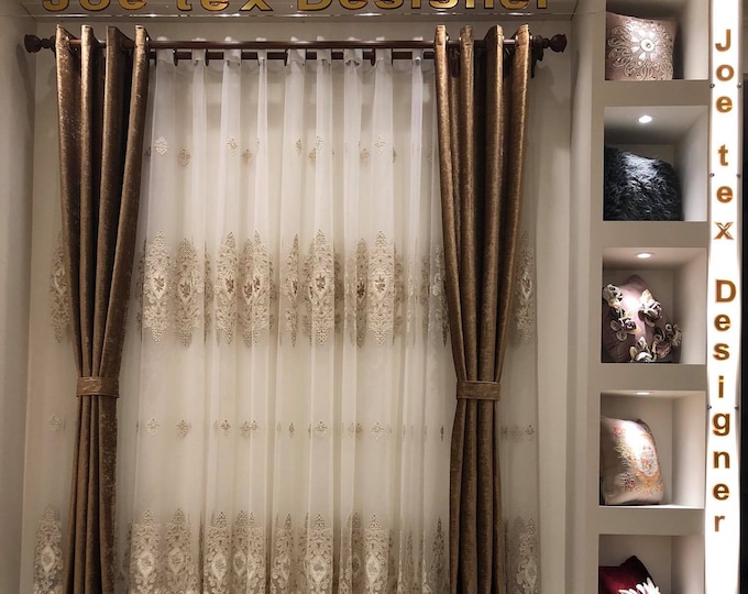 Two Panels Gold Silk curtains & Tulle velvet Interior curtains. Three Panels Included, Height 98 Inch. Fit window size 2-3 Meter Wide