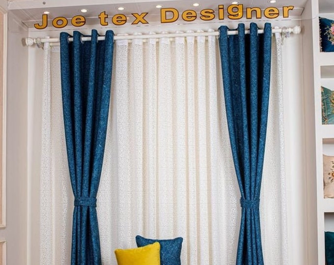 Ivory & Blue Velvet Semi-Sheer Curtains. Three Pieces set