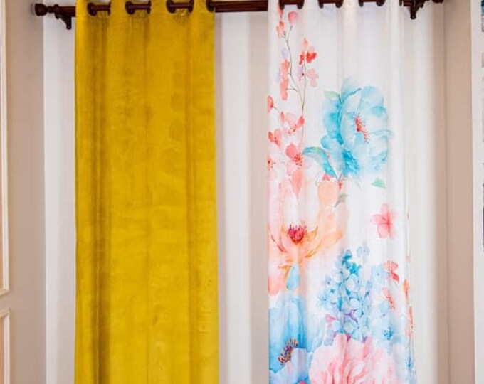 Two Velvet Panels/One White panel with Floral and One solid yellow color. Width: 50 Inches each panel x Height 98 Inches