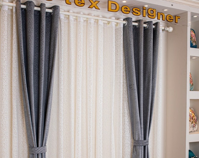Gray Tulle & velvet leather Semi-Sheer Curtains