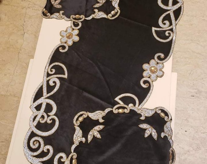 Egyptian Handmade tablecloth Three pieces Gemstones black velvet Table cloth. One piece 36 inches x 16 inches. Two pieces 13 x 13 inches