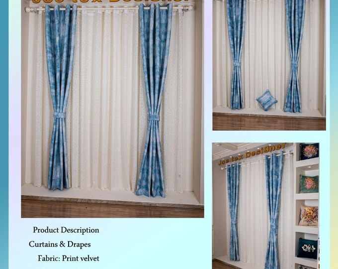 Egyptian Handmade curtains, Two blue velvet leathers panel and one lace panel