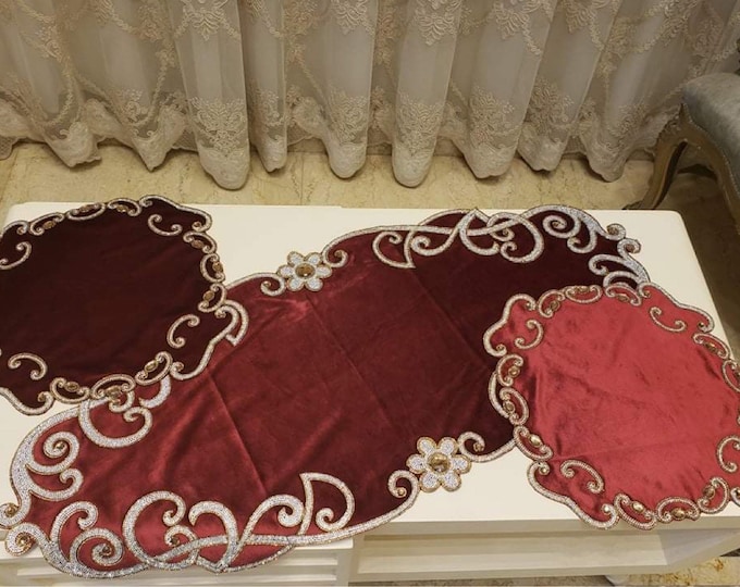 Christmas tablecloth Three pieces Gemstone Burgundy velvet Table cloth One piece 36 inches x 16 inches, two pieces 13 x 13 inches