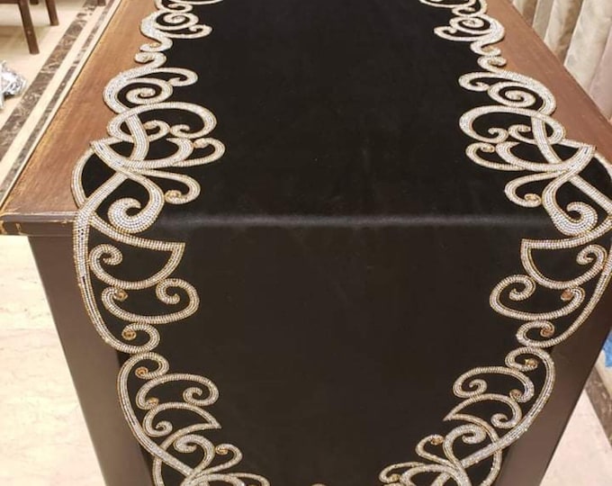 Halloween tablecloth  Gemstones soft black velvet table runner 120 inches x 18 inches Egyptian Handmade Mother’s Day gift