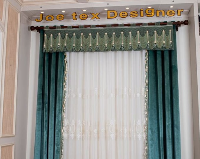 Elegant Curtains Included Handmade Macramé valance, Two Velvet Panels with Trim Tassels, One Semi sheer curtains, and two large Tiebacks