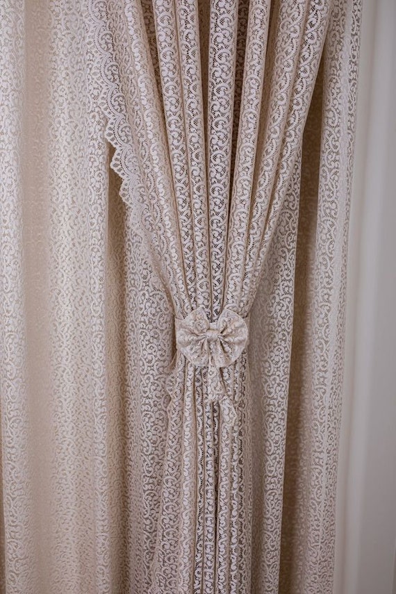 Grommet Beige Lace Curtains Three Panels Two Tiebacks Grommet Beige Lace Curtains Three, Beige Lace Curtain Panels
