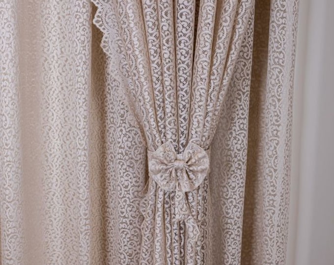 Grommet Beige Lace Curtains/ Three panels & two tiebacks