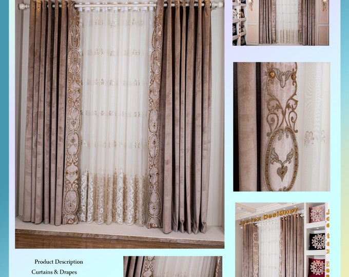 Egyptian Handmade Gemstone beige Curtains, Included One Tulle Panel, Two velvet Embroidery panels