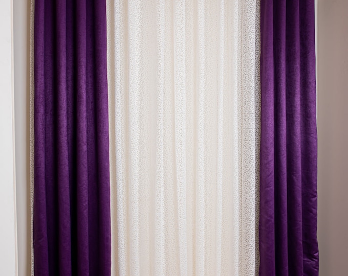 Ivory & Purple Velvet Semi-Sheer Curtains. Three Pieces set. Fit window sizes 2-3 Meters Wide- Height 98 Inches