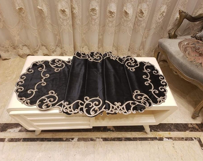 Gemstone Black soft velvet table runner  73 inches x 23 inches Egyptian handmade