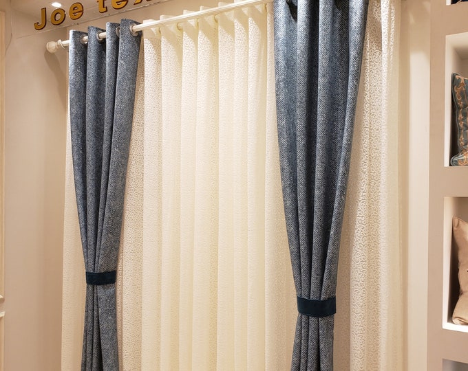 Egyptian Handmade curtains Two Blue velvet panels and one lace panel. Fits window sizes 118- 160 Inches wide x 98 inches Height