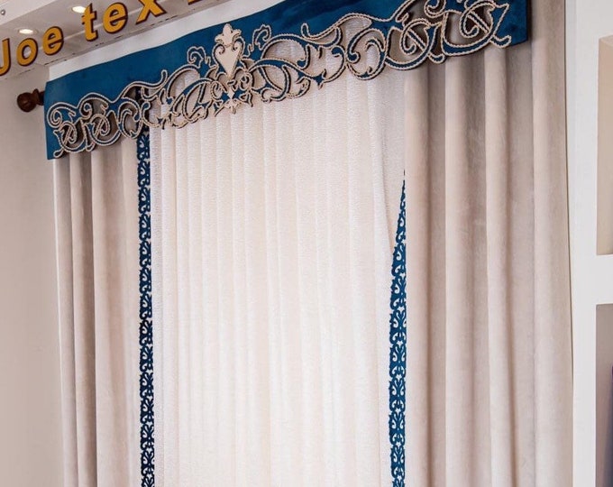 Beige curtains with blue trim Embroidered panels. Soft velvet curtains & lace interior sheer panel. Foam valance covered with velvet
