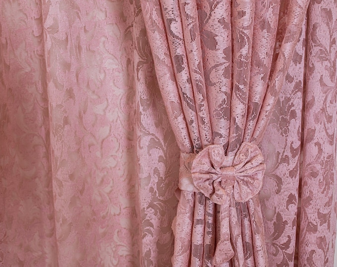 Grommet Pink lace Curtains/ Three panels & two tiebacks