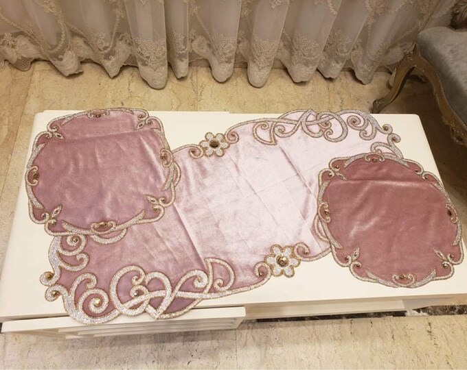 Easter tablecloth Three pieces Gemstone old rose velvet Table cloth. Mother’s Day /velvet table cloth/ Egyptian handmade
