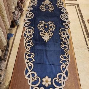 Gemstone blue table runner soft velvet 72x 24 inches Egyptian handmade Mother’s Day gift