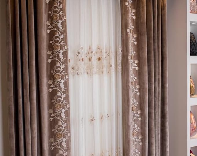 Egyptian Handmade curtains Three panels, Two Embroidery velvet panels, one tulle panel and two belt tie back.118-160 inches wide x 98 heigh