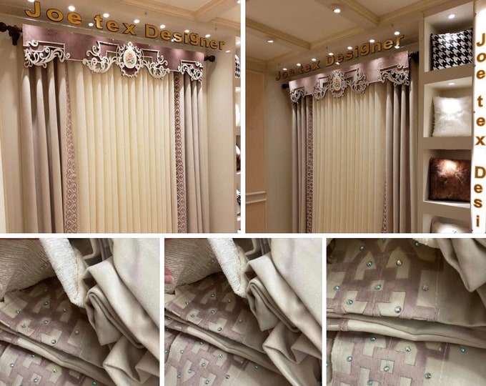 Beige curtains with old rose trim Embroidered panels. Soft velvet curtains & lace interior sheer panel. Two tieback