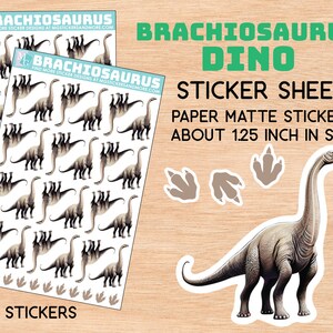 Feuille d'autocollants Brachiosaurus, dinosaure, stationnaire, dino réaliste, autocollants en papier mat, jurassique, petit pied, prédateur, album, invite