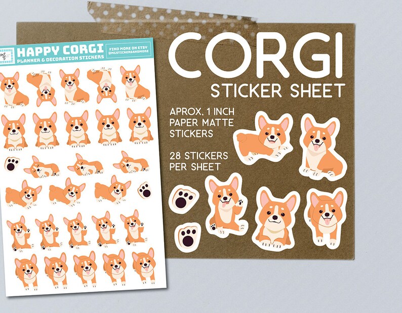 Puede incluir: Una hoja de 28 pegatinas con adorables Corgis de dibujos animados en varias poses. Las pegatinas miden aproximadamente 2,5 cm y est&aacute;n impresas en papel mate. La hoja est&aacute; etiquetada como "Happy Corgi Planner & Decoration Stickers".