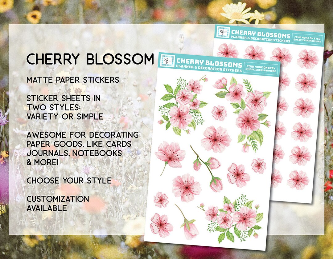 Pink Cherry Blossom Sticker Sheet, Cherry Blossoms, Spring, Cute ...