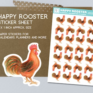 Rooster Stickers, happy rooster, bullet journal, diary, farm animal, farming, farm life, scrapbook, farm animals, cottage core stationary