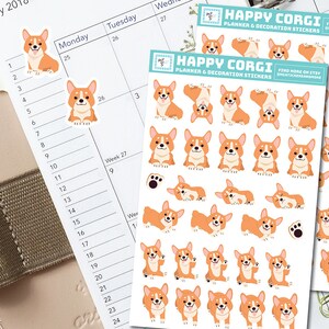 Puede incluir: Dos hojas de pegatinas para planificadores con adorables Corgis de dibujos animados en varias poses. Las pegatinas son blancas con un borde azul claro y el texto "Happy Corgi Planner & Decoration Stickers" en la parte superior. El texto "Find more on Etsy @STICKERSANDMORE" tambi&eacute;n est&aacute; incluido en cada hoja.