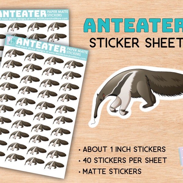 Anteater sticker sheet, matte stickers, zoo, animal love, animals, stationary, for journals, planners, gifts, notebooks, travel, american