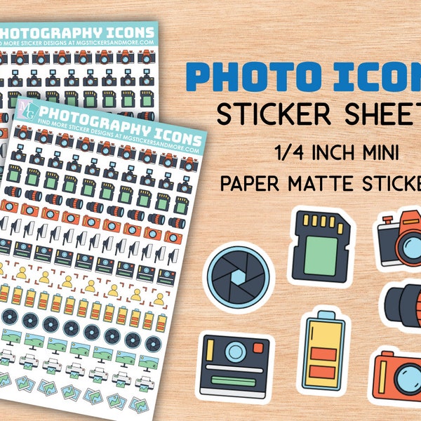 Photo stickers, planner sticker, icons, small, mini, paper matte, stationary, labels, calendar, notebook, doodle, photography, camera