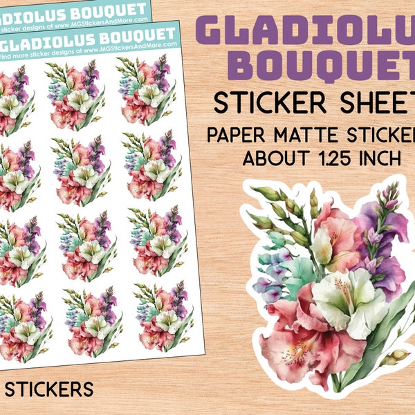 GLADIOLUS Bouquet stickers, pink, purple, white, watercolor, paper crafting, floral, stationary, crafting, value, paper matte sticker sheet