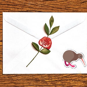May include: A white envelope with a red wax seal and a brown kiwi bird sticker on a wooden surface.