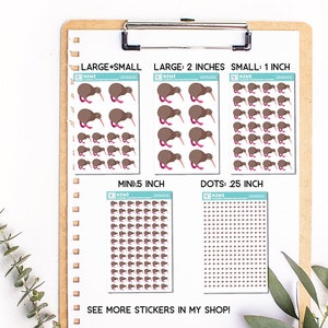 May include: A sheet of stickers featuring brown kiwi birds in various sizes. The sheet includes large, small, mini, and dot stickers. The text on the sheet reads "LARGE+SMALL", "LARGE: 2 INCHES", "SMALL: 1 INCH", "MINI: 5 INCH", "DOTS: .25 INCH", and "SEE MORE STICKERS IN MY SHOP!"