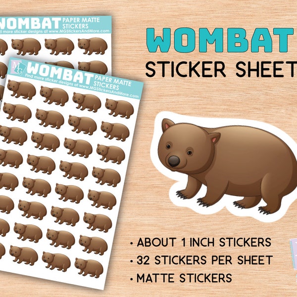 Wombat StickerBogen, matte Sticker, Zoo, Tierliebe, Afrikanische Tiere, Stationär, für Journals, Planer, Notizbücher, Safari, Bär, Tier