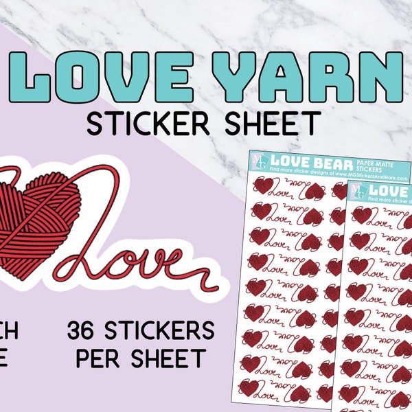 Love Yarn Sticker sheet, paper matte stickers, crochet, knitting, yarn, weaving, hobby, crafting, scrapbooking, card making, cute, heart