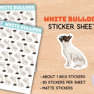 Adesivi Bulldog bianchi, foglio adesivo, razza, cane da esposizione, stazionario, effimero, decorazione, arte, articoli di carta, fabbricazione di carte, bulldog, purosangue