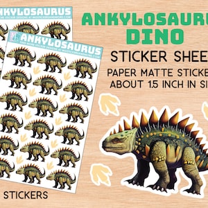 Ankylosaurus stickervel, dinosaurus, stationair, dino, realistisch, kunst, papier matte stickers, jura, tanden, roofdier, plakboek, nodigt uit