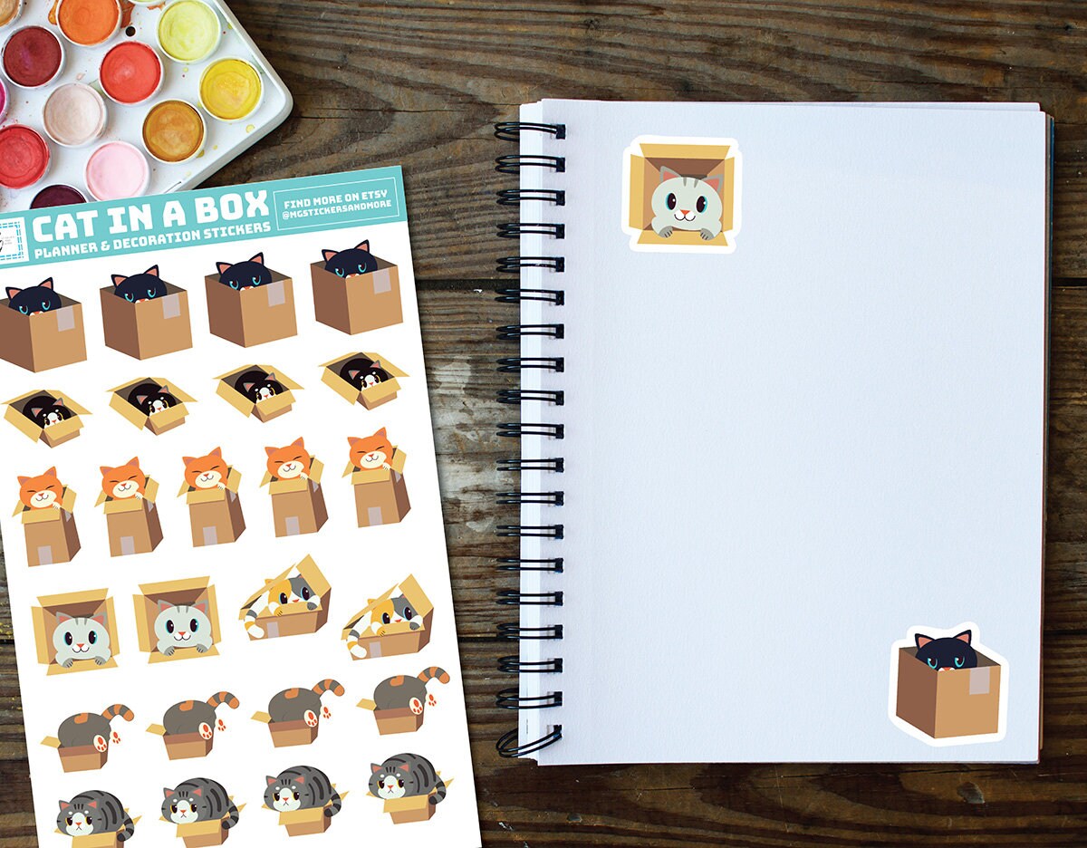 Cat in a Box Cartoon Stickers, Paper Matte Stickers, Stationary, for ...