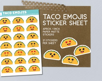 Taco Emoji Stickerbogen zum Basteln, Journaling, Scrapbooking, niedliche Taco Sticker, Tacos mit Gesichtern, Emoticons. ausdrucksvoller Taco, Tacos