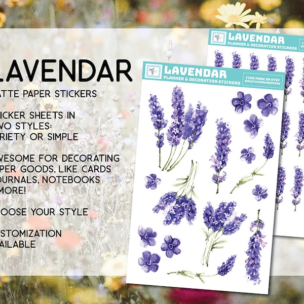 Lavender sticker sheet, lavender, flowers, stickers, purple, for crafting, stationary, journals, diaries, notebooks, card making, ephemera