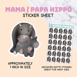 Hippo Parent stickervel, mama, papa, babyshower, plakboek, uitnodigingen, papierkunst, decor, feest, 1 inch, klein, stationair, dierentuinbaby
