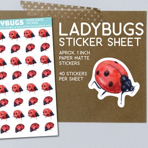 Autocollants de coccinelle, feuille d’autocollants mat en papier, insectes, jardin, rouge, style aquarelle. mignon. stationnaire, pour journaux, artisanat, bujo, fabrication de cartes
