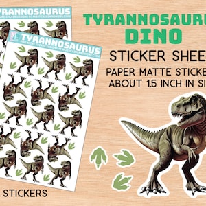 Tyrannosaurus stickervel, dinosaurus, stationair, dino, realistisch, papier matte stickers, jura, tanden, roofdier, plakboek, uitnodigen